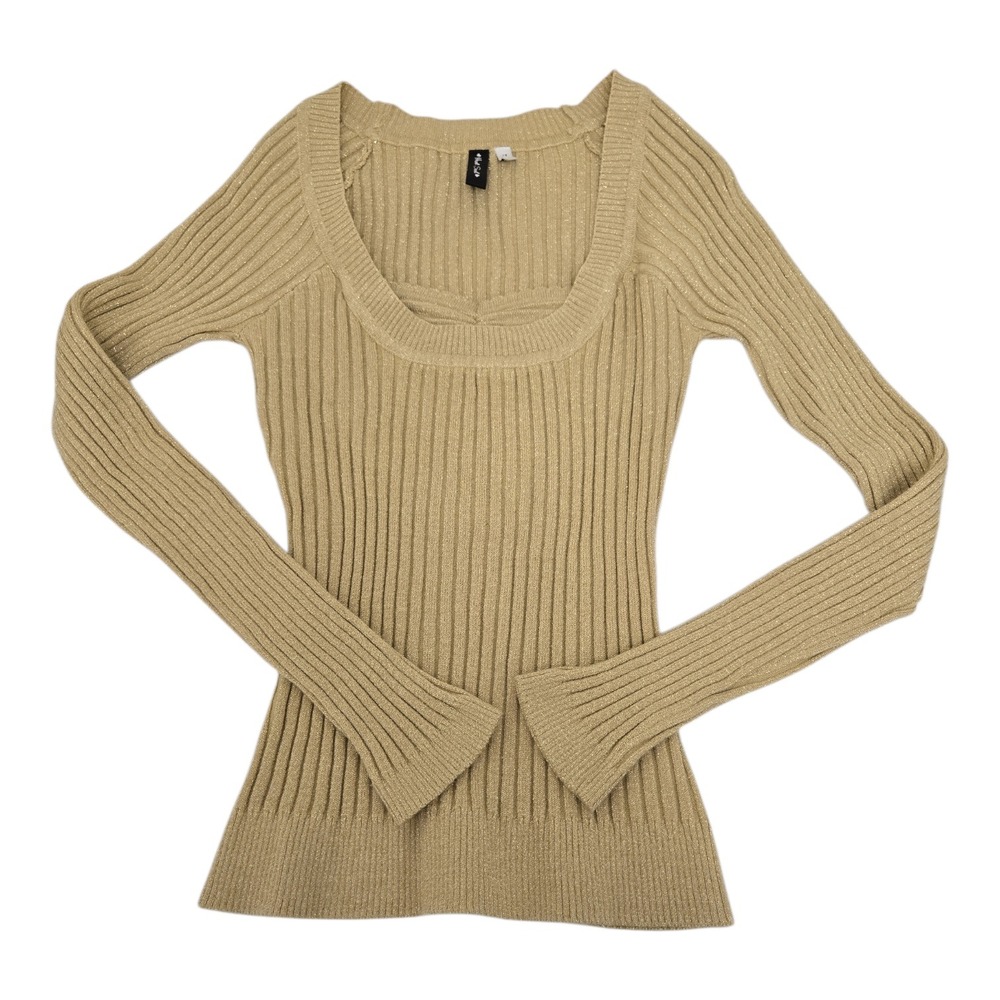 Heart Soul Ribbed Metallic Square Neck Long Sleeve Sweater‎ Top Medium Gold Y2K